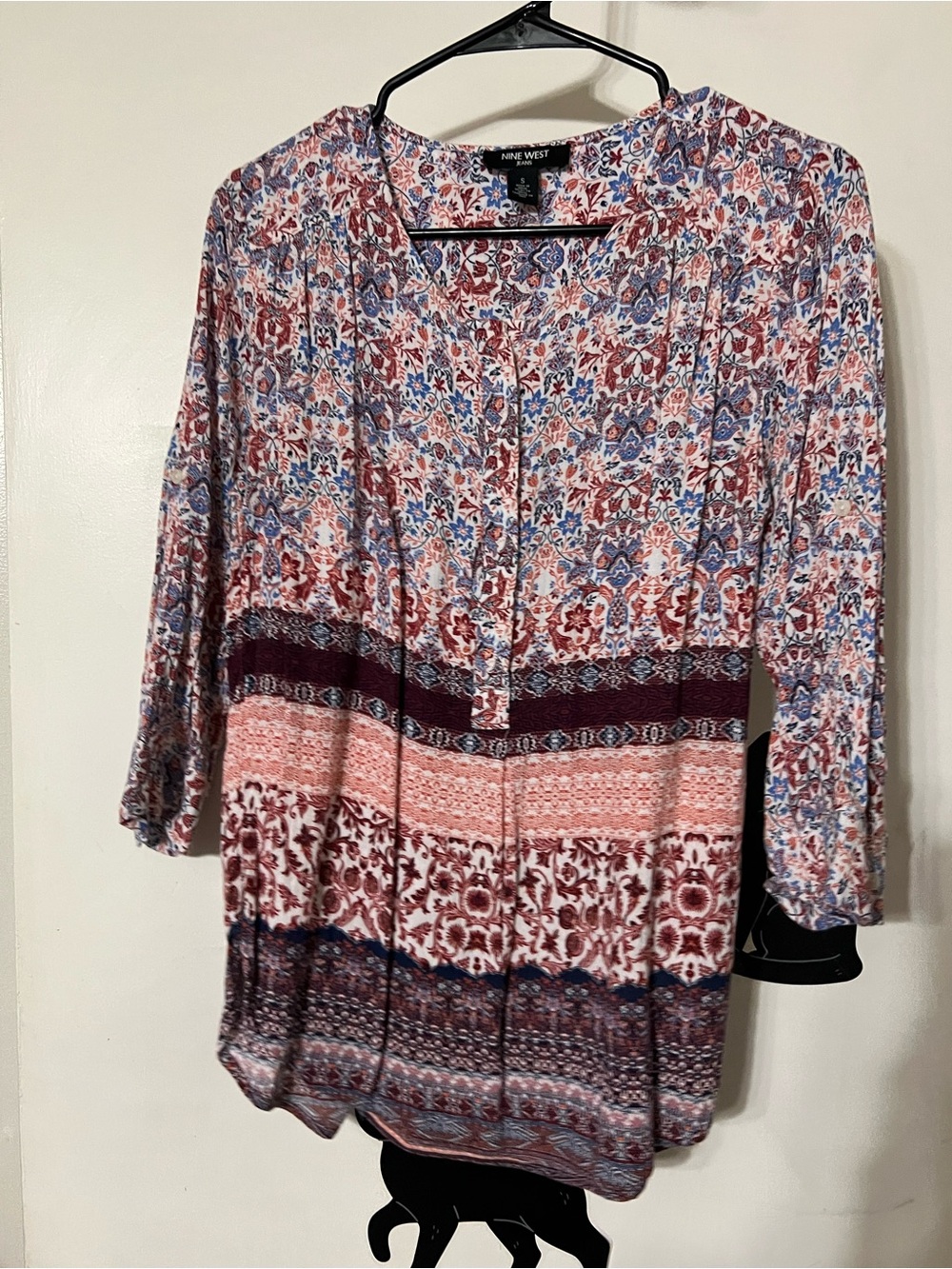 Nine West Multicolor Floral & Stripe Tie-Neck Tunic - Red, Blue, Cream